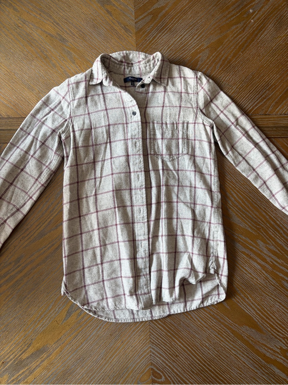 Madewell Plaid Wool Blend Button Down Shirt XXS Cream Burgundy - Picture 2 of 7